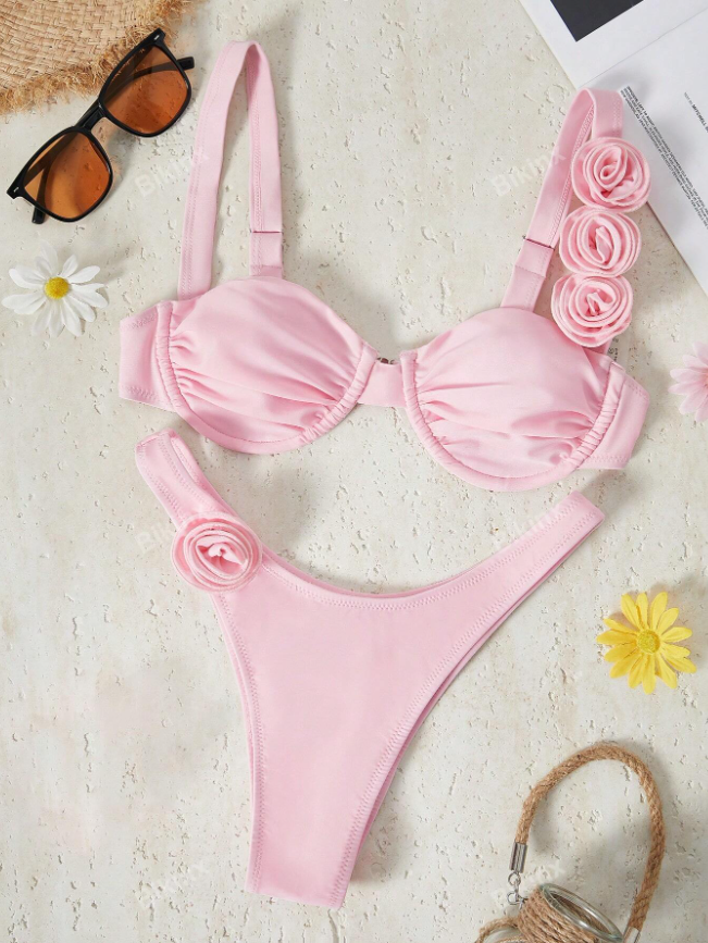 Bikinx Women's Solid Color Underwire Bikini Three-Dimensional Flower Sexy Split Bikini For Beach Vocation Summer
