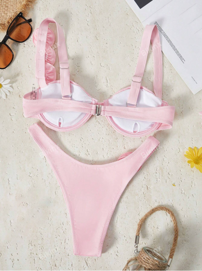 Bikinx Women's Solid Color Underwire Bikini Three-Dimensional Flower Sexy Split Bikini For Beach Vocation Summer