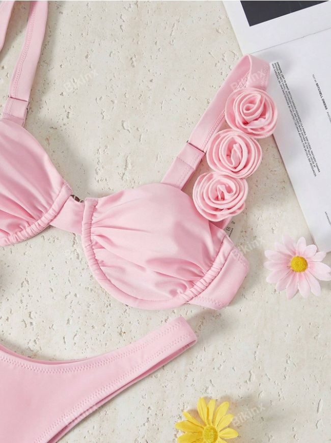 Bikinx Women's Solid Color Underwire Bikini Three-Dimensional Flower Sexy Split Bikini For Beach Vocation Summer