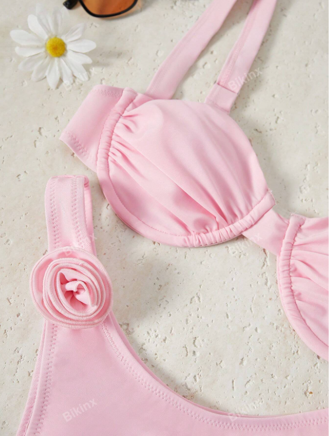 Bikinx Women's Solid Color Underwire Bikini Three-Dimensional Flower Sexy Split Bikini For Beach Vocation Summer