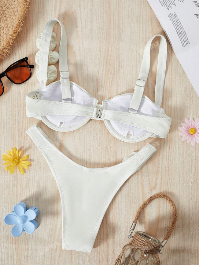 Bikinx Women's Solid Color Underwire Bikini Three-Dimensional Flower Sexy Split Bikini For Beach Vocation Summer